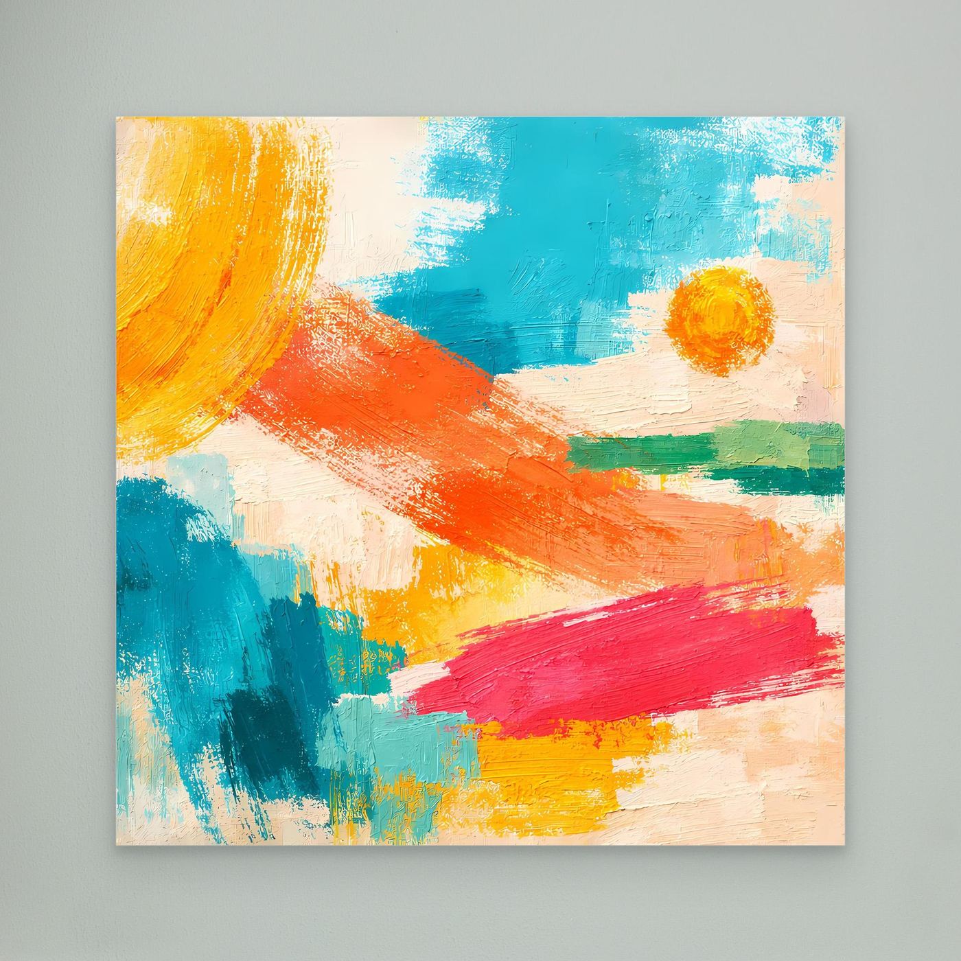 Abstract canvas wall art with orange, teal, blue, yellow, and red brushstrokes; no frame.