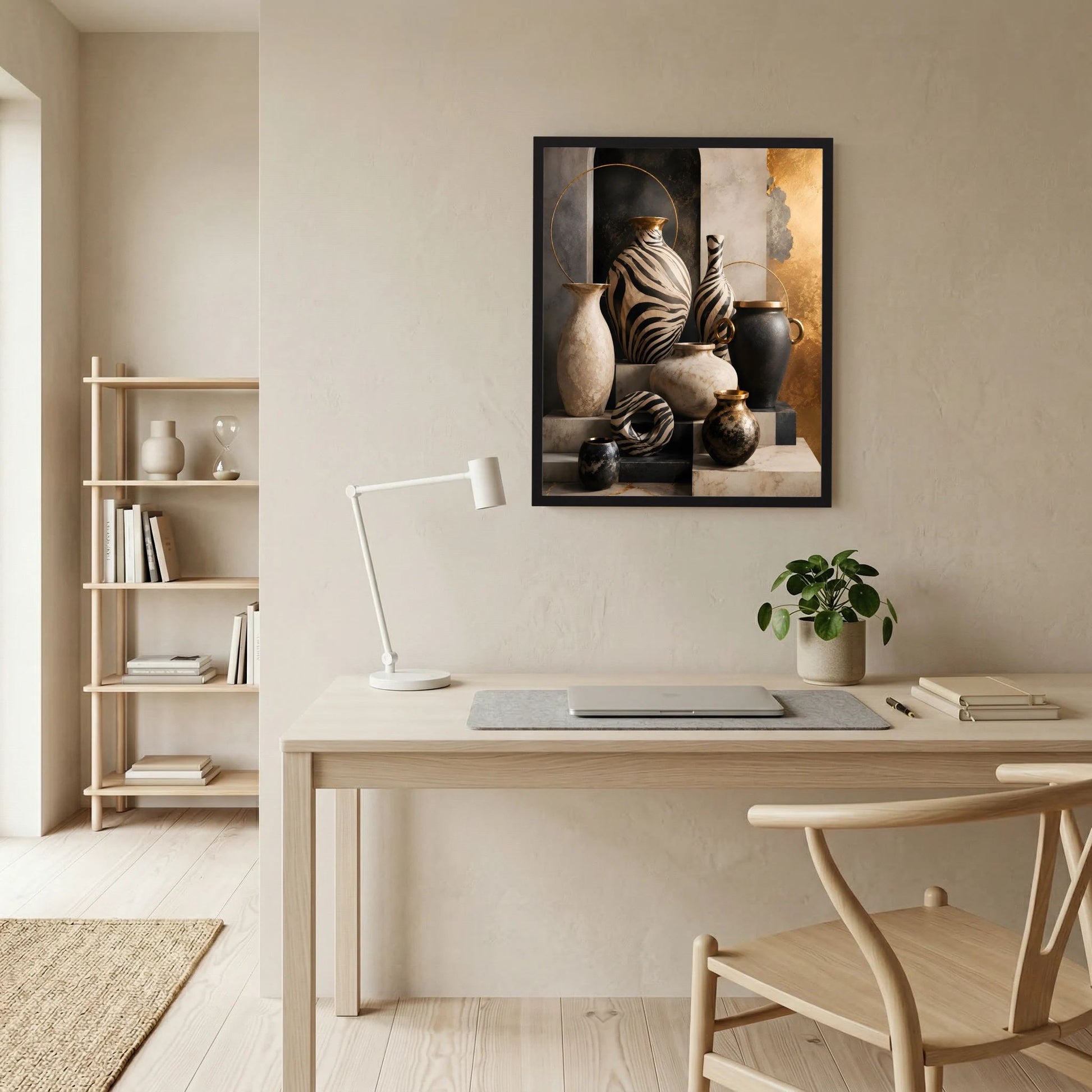 Gerahmtes Hochformat-Wandposter mit Zebra-Vasen-Motiv: Keramik in Schwarz, Weiß und Gold