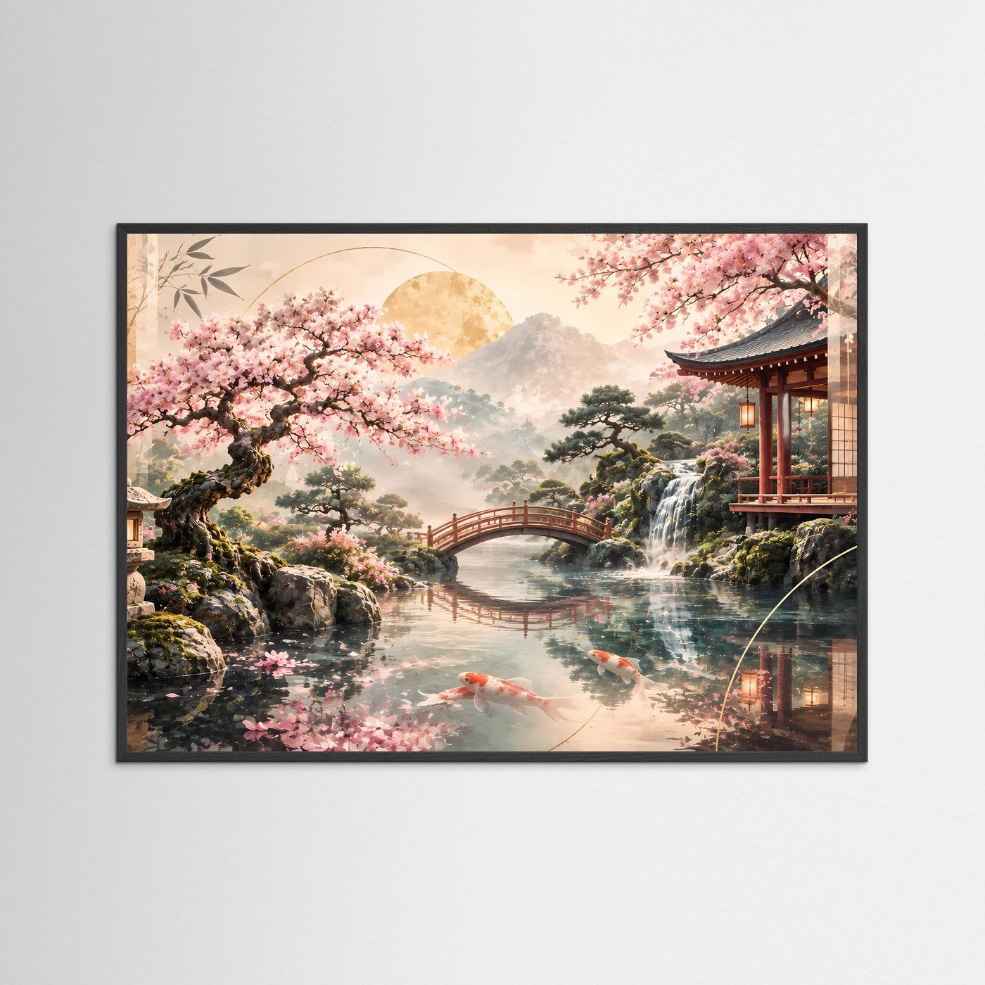 Zen-Garten-Poster im Querformat mit schwarzem Rahmen; Kirschblüten, Koi-Teich, Tempelpavillon