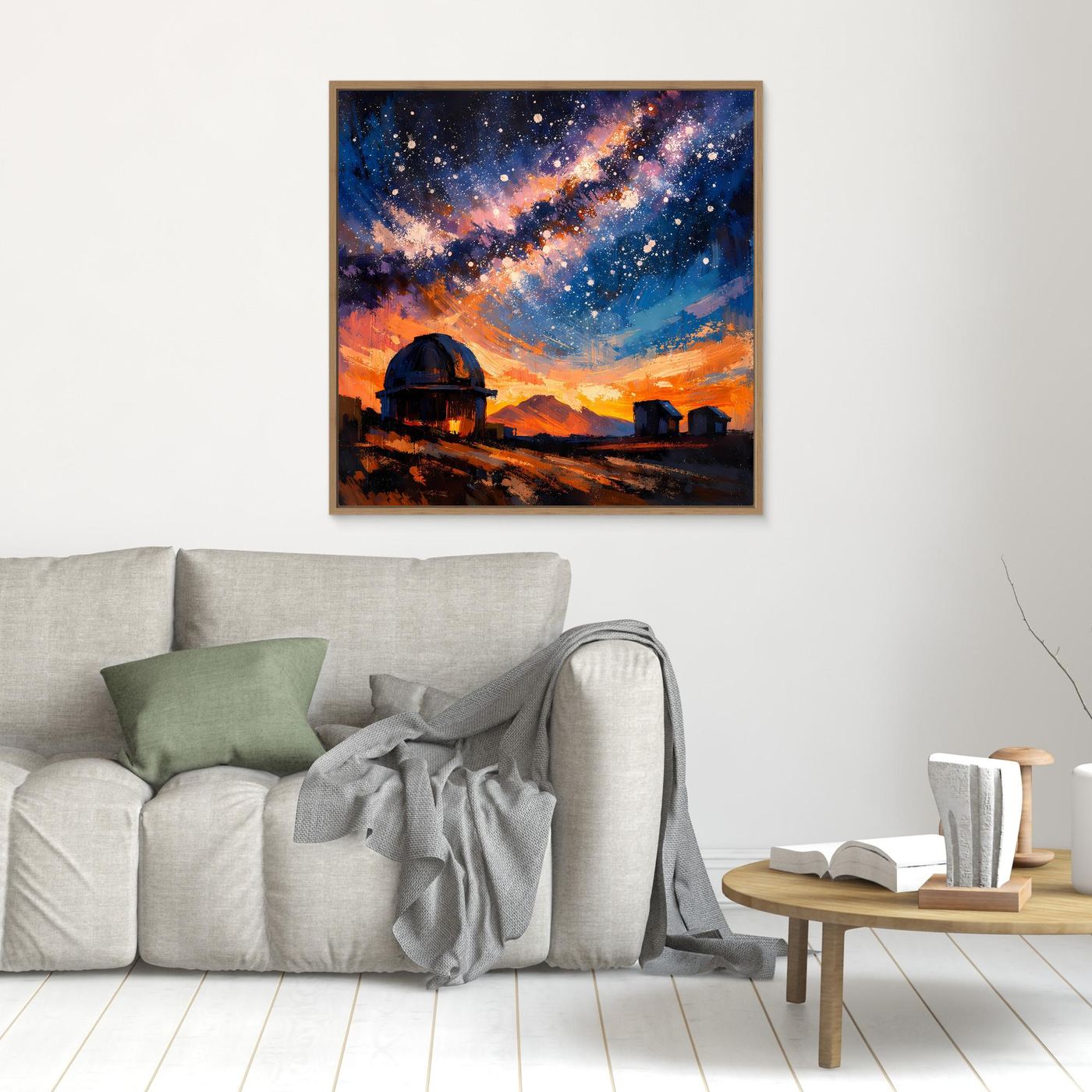Kleines Wandbild: abstrakte Galaxie mit Sternen, Sternwarte mit Teleskop, braun gerahmt
