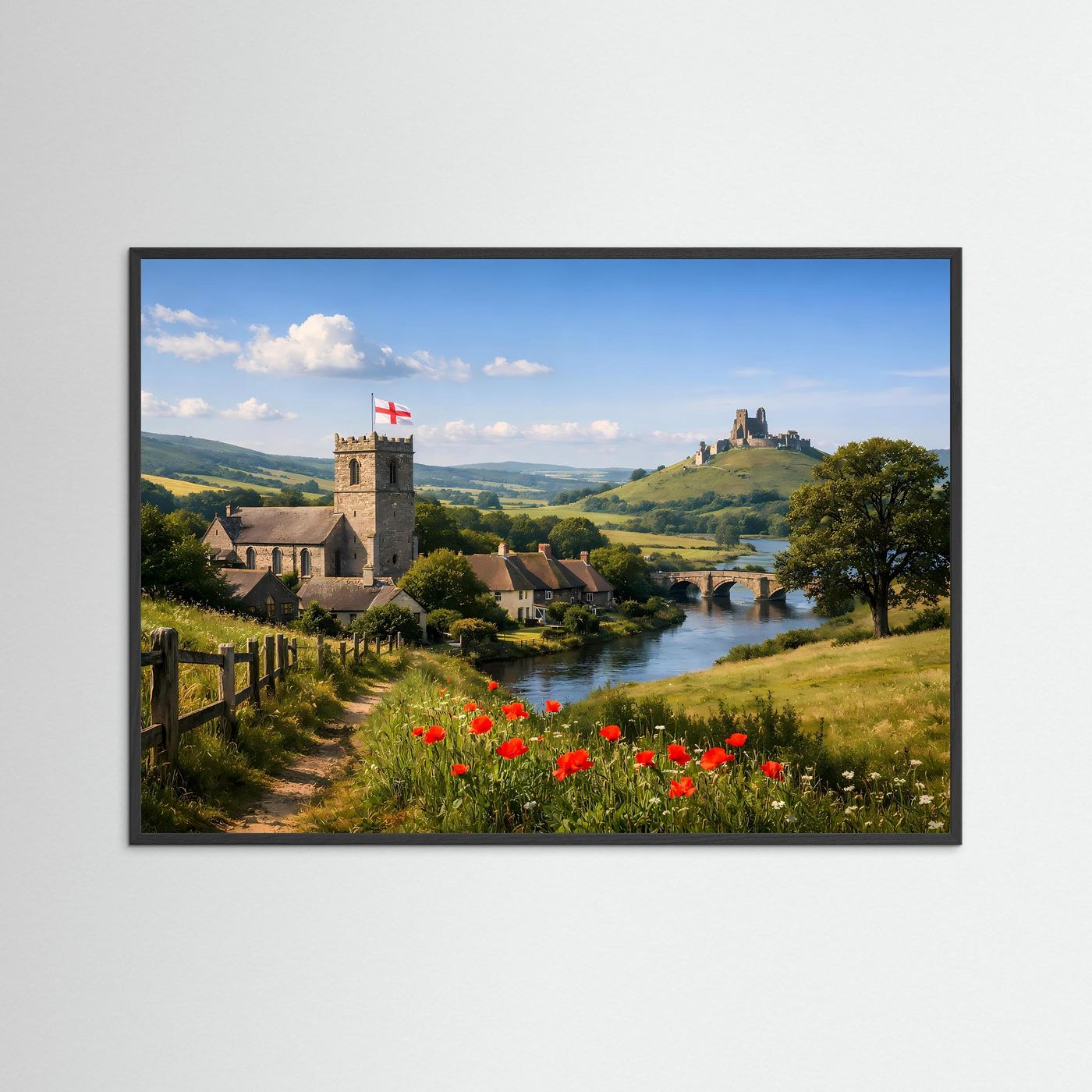 Naturposter Querformat mit schwarzem Rahmen: Burgruine, Fluss und rote Mohnblumen