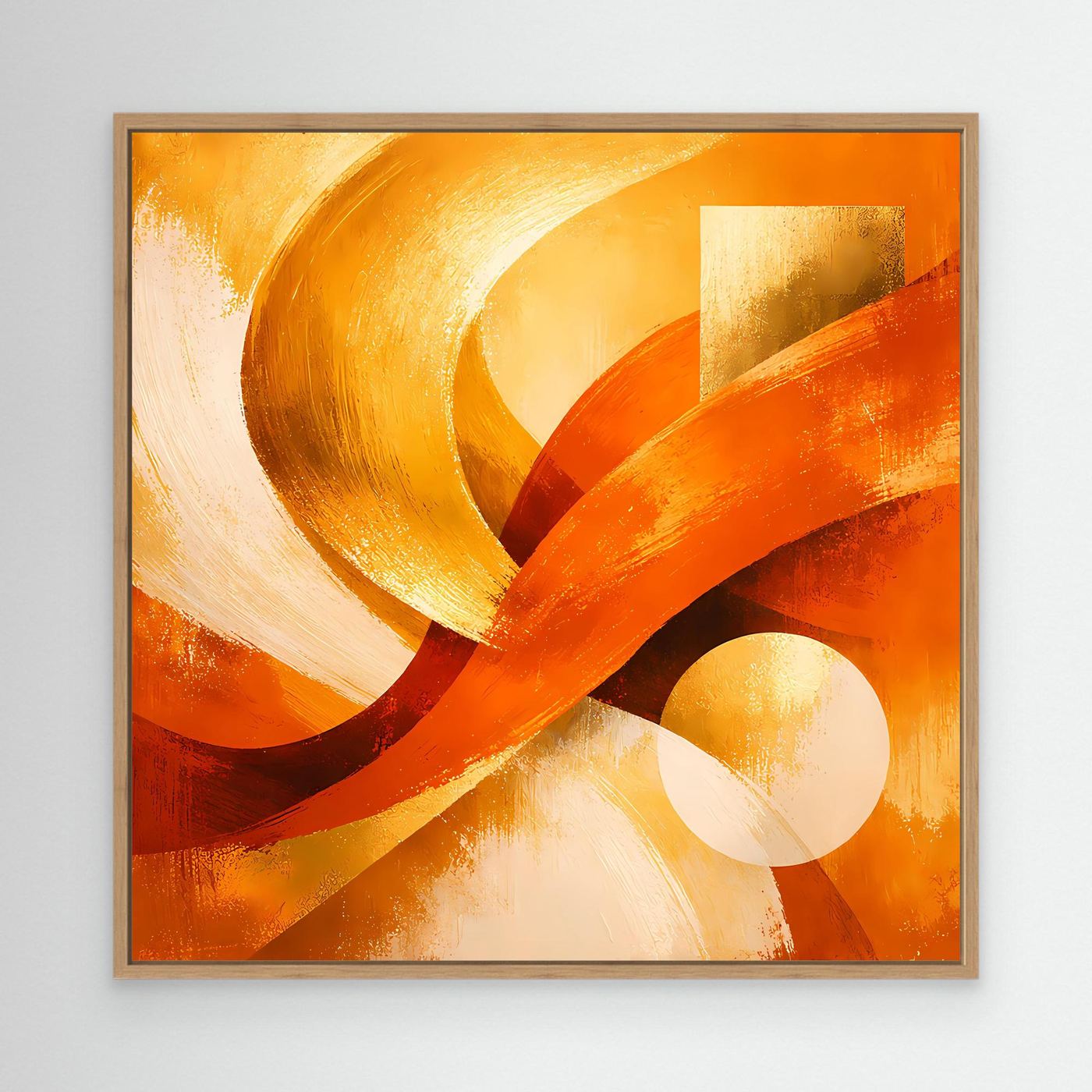 Abstraktes Leinwandbild im Eichenrahmen: goldene Wellen, Kreisformen in warmem Orange.