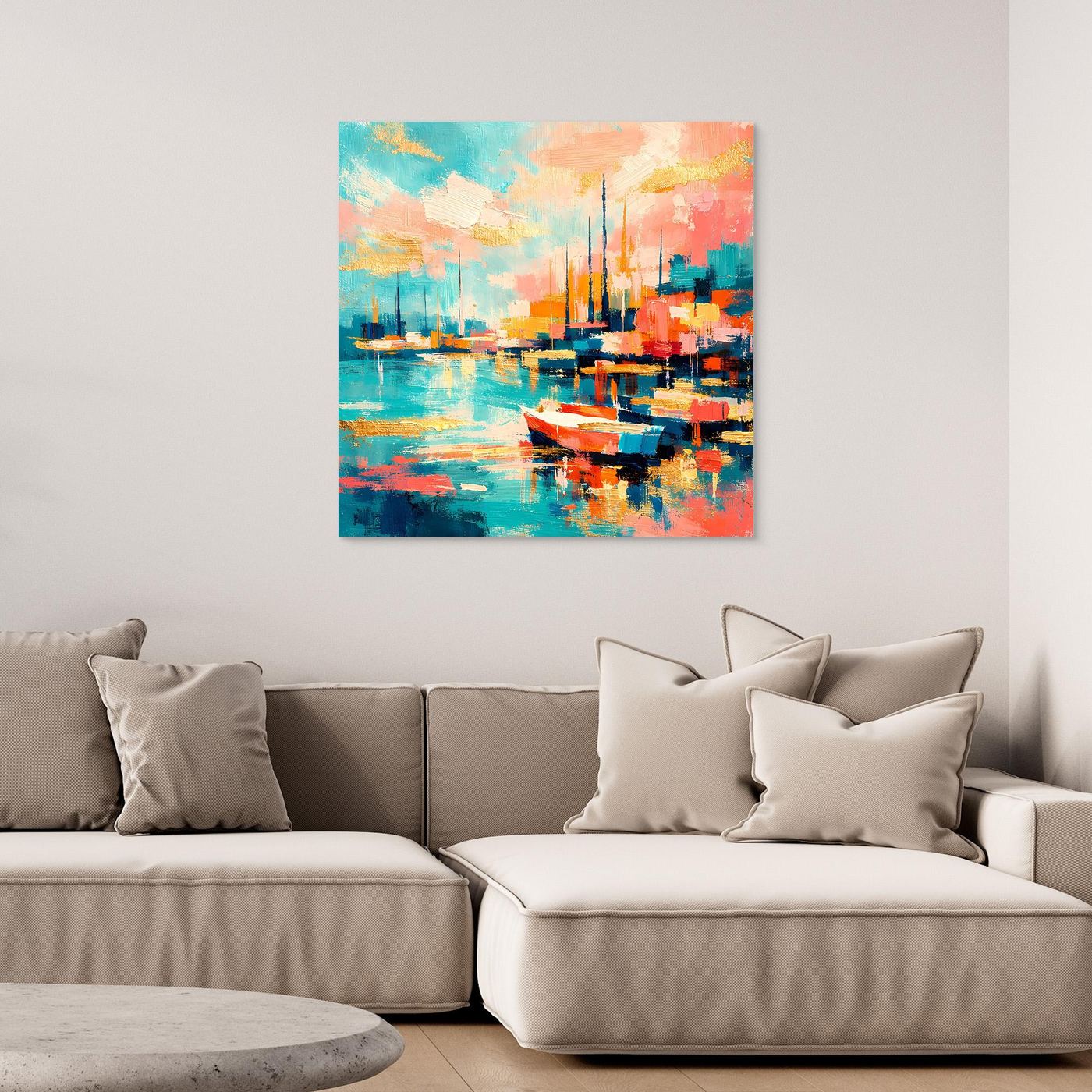 Leinwandbild mit abstraktem Hafenbecken-Motiv, Boote und türkis-blaues Wasser