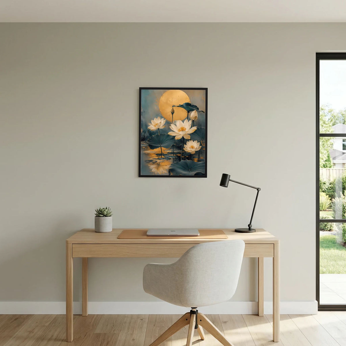 Poster mit goldenem Mond, Seerosenteich und weißen Lotusblüten, schwarz gerahmt