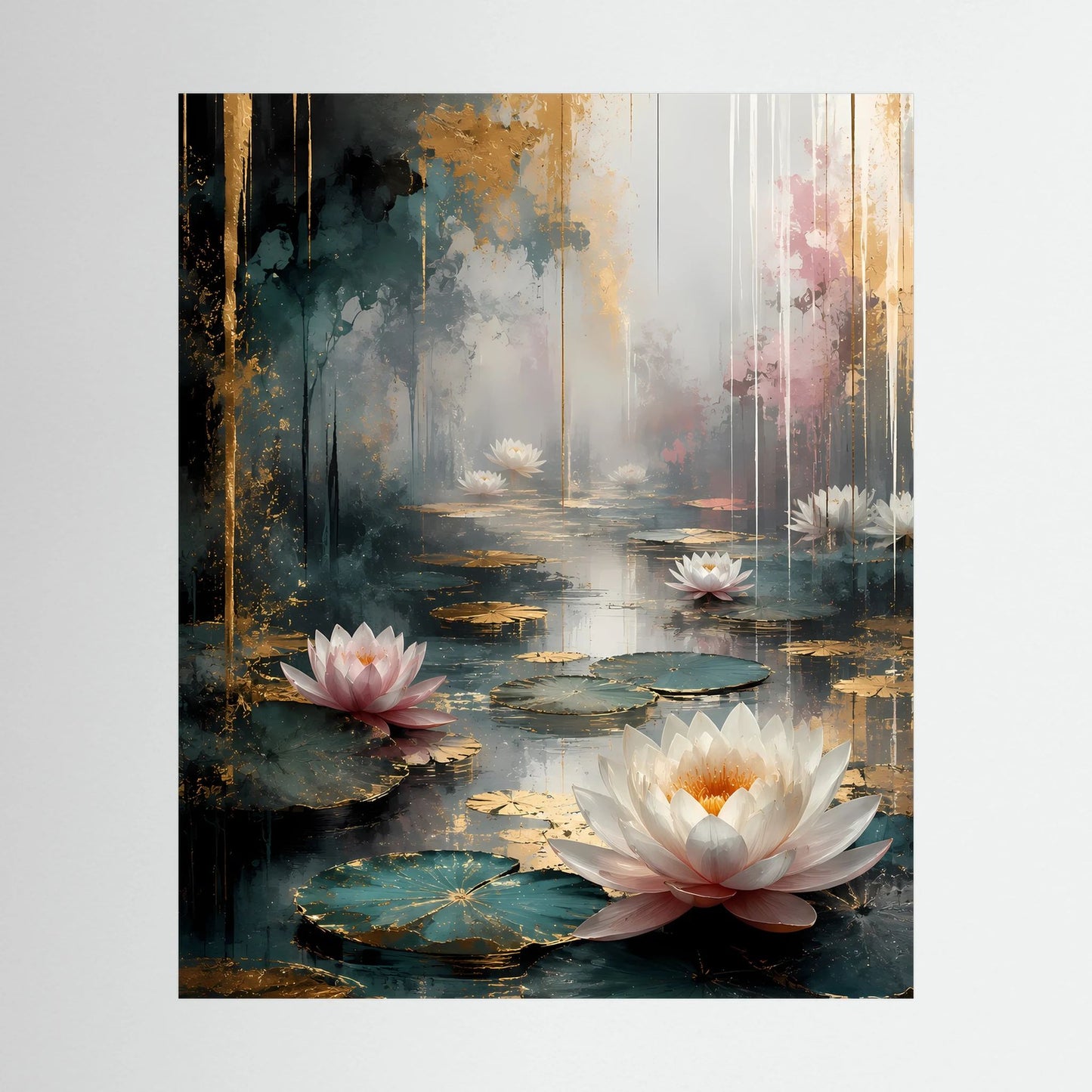 Poster mit abstrakten Wasserlilien in Weiß und Rosa auf goldfarbenem, dunklem Hintergrund