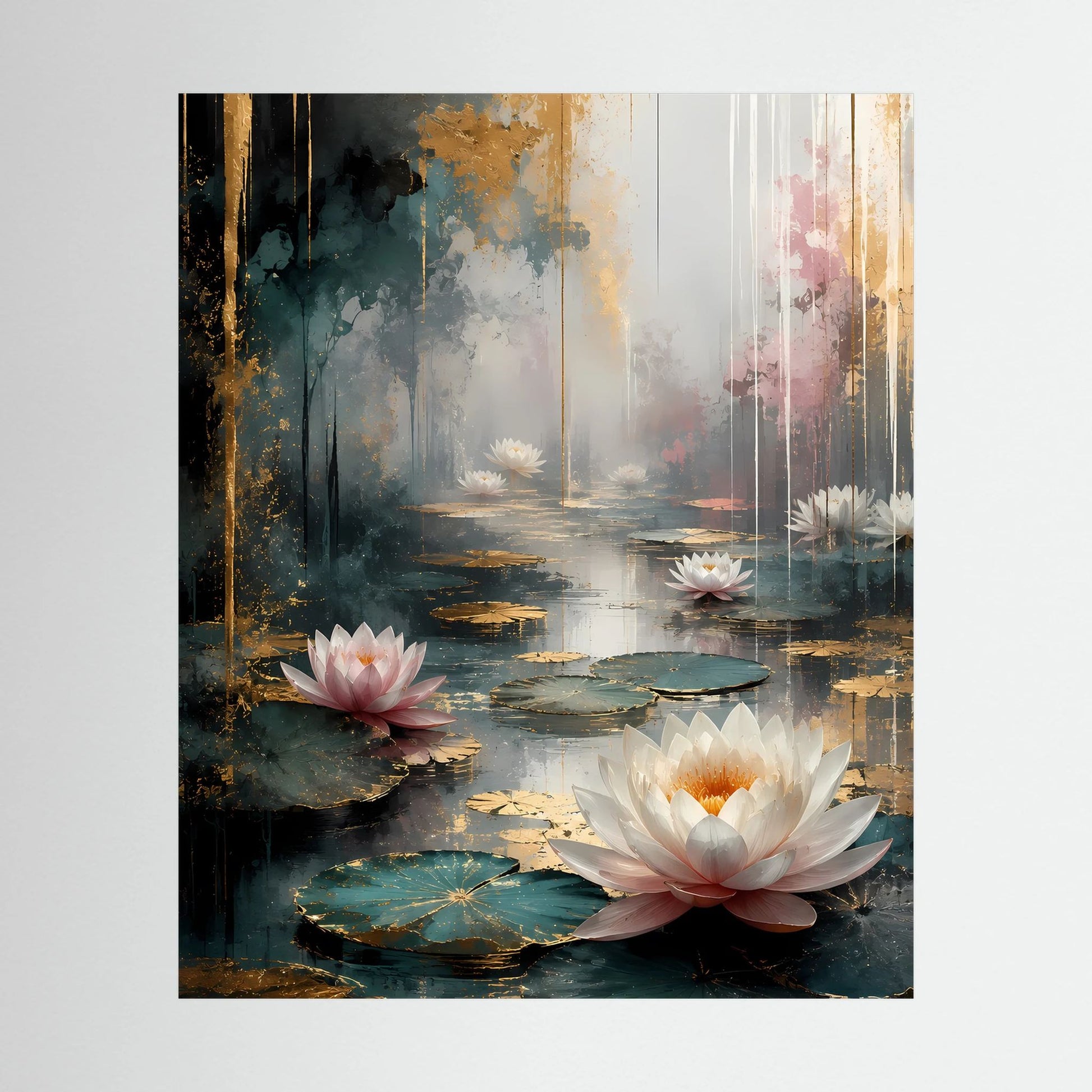 Poster mit abstrakten Wasserlilien in Weiß und Rosa auf goldfarbenem, dunklem Hintergrund