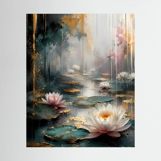 Poster mit abstrakten Wasserlilien in Weiß und Rosa auf goldfarbenem, dunklem Hintergrund