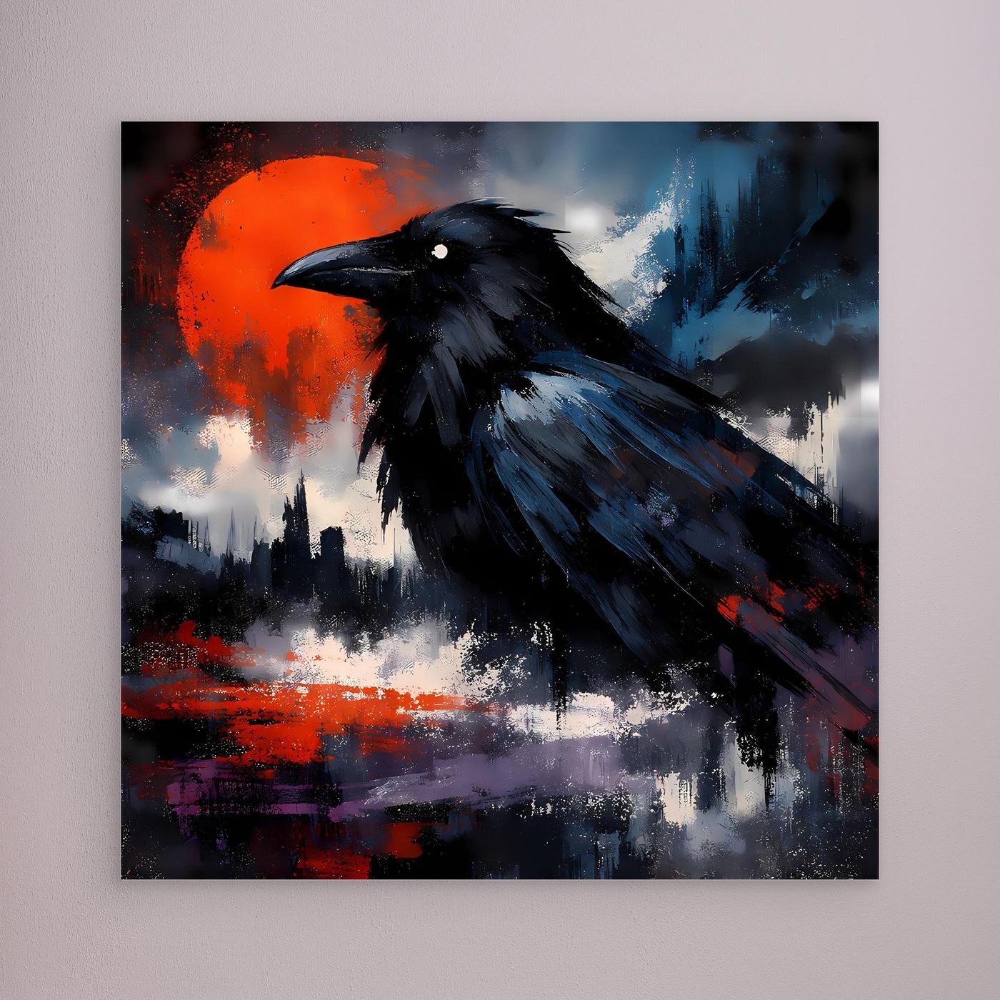 Leinwand-Wandbild mit schwarzem Raben, rotem Vollmond und Stadt-Silhouette, ohne Rahmen