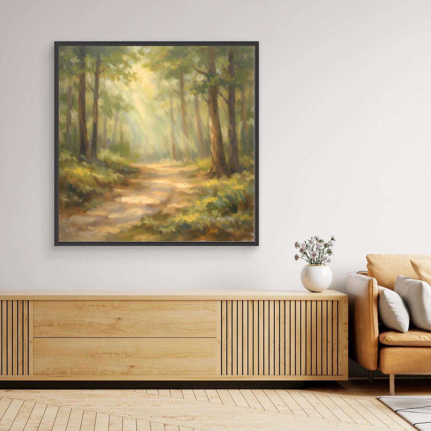 Gerahmtes Leinwandbild Wald mit Sonnenstrahlen, dunkler Rahmen, impressionistisches Naturmotiv