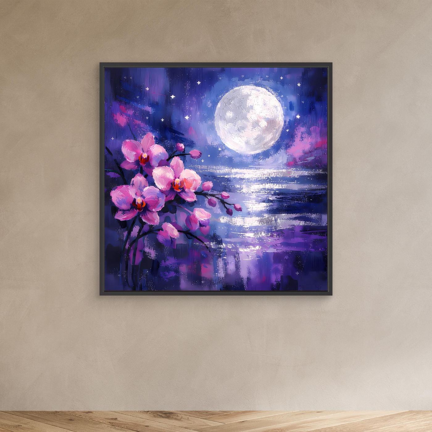 Wandbild auf Leinwand mit rosa Orchideenblüten, Vollmond über Wasser; schwarzer Rahmen