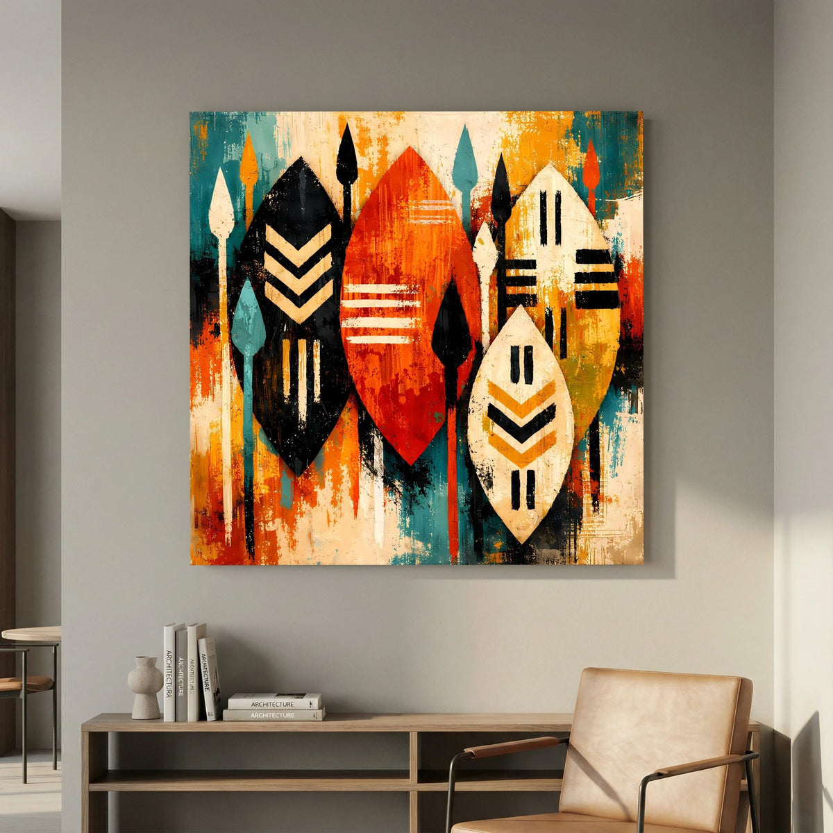 Abstraktes Wandbild: drei Schilde mit geometrischen Mustern in Schwarz, Orange und Türkis