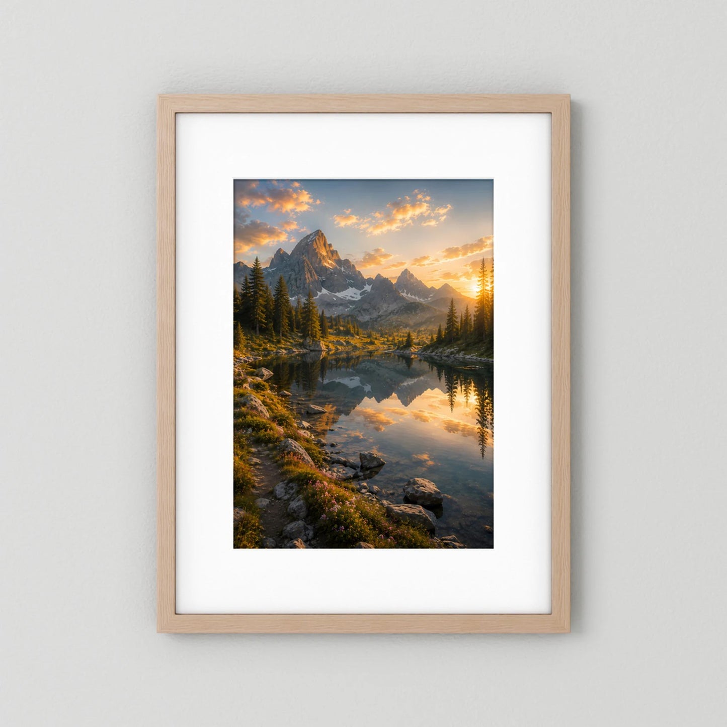 Bergsee bei Sonnenuntergang | Alpenpanorama mit Wasserspiegelung | Poster Hochformat