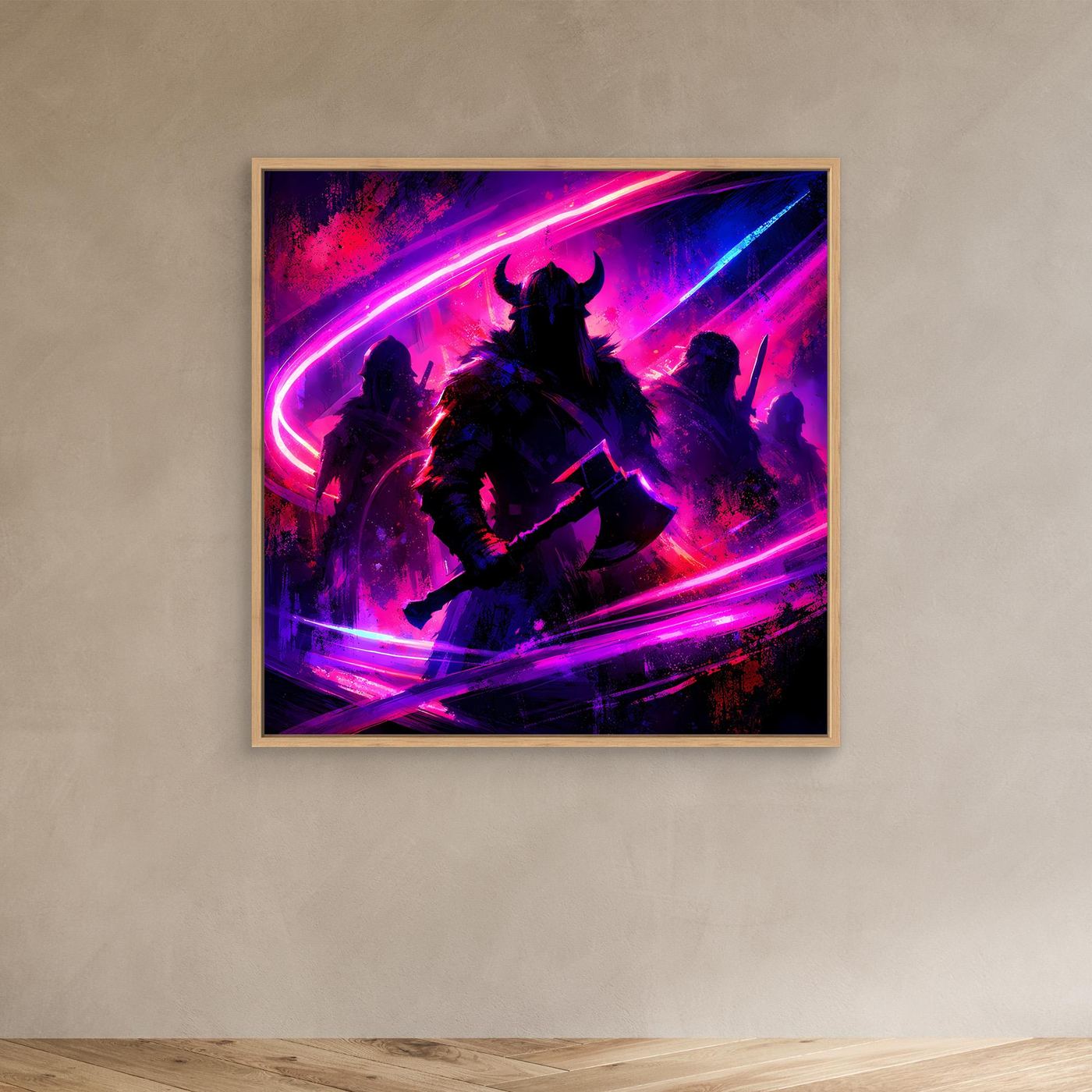 Neon-Wandbild mit Wikingerkriegern in Pink/Lila/Blau, abstrakte Silhouetten, Eichenrahmen