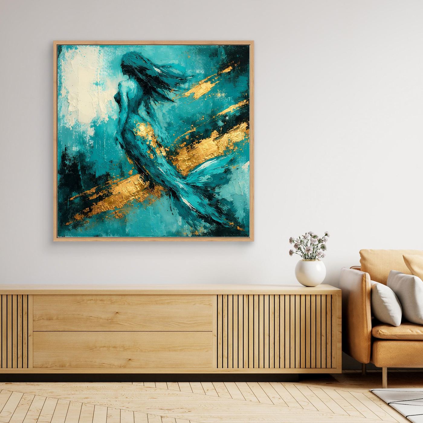 Leinwand Elegante Meerjungfrau in Türkis | Abstraktes Nixen Wandbild Gold Blau
