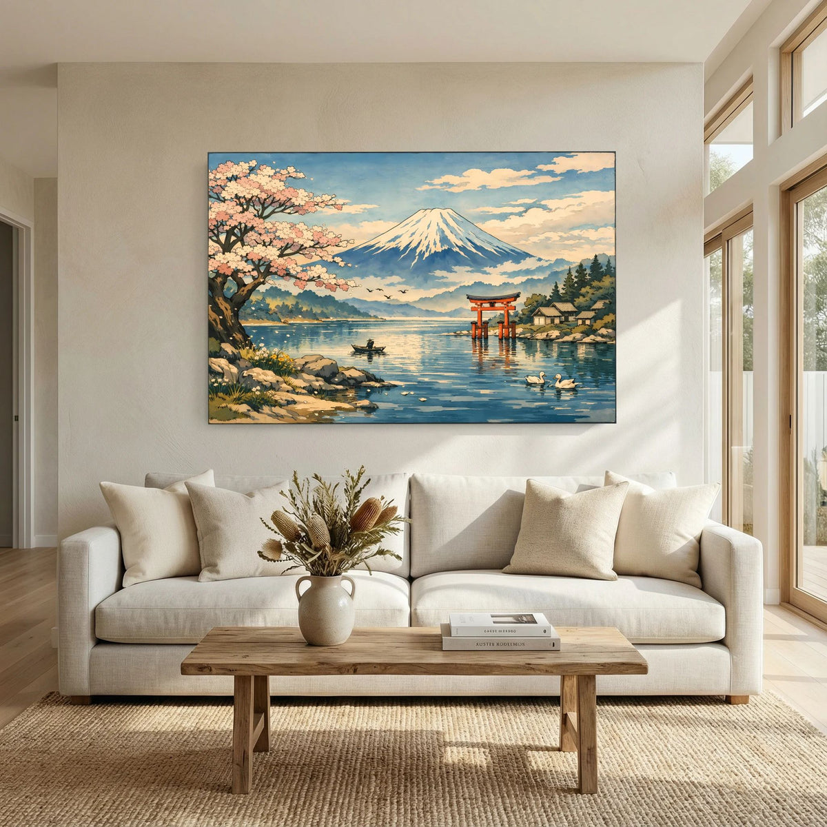 Querformatiges Wandbild über Sofa: Fuji mit Kirschblüten und Torii am Seeufer