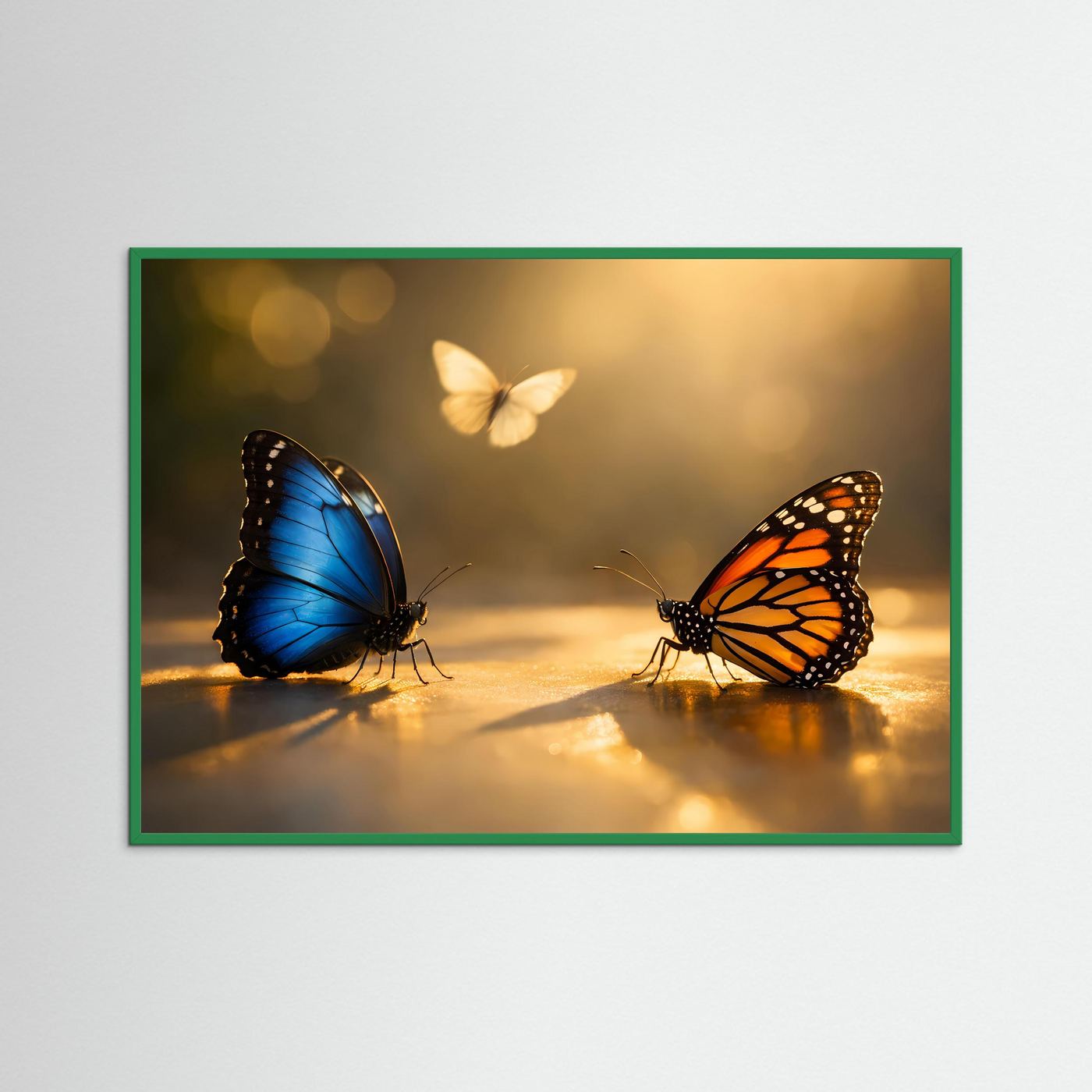 Poster im Querformat mit blauem und orangefarbenem Schmetterling, grüner Rahmen