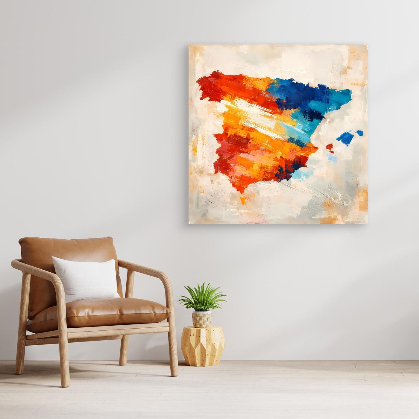 Abstract Spain map canvas wall art, red orange and blue strokes on off-white.