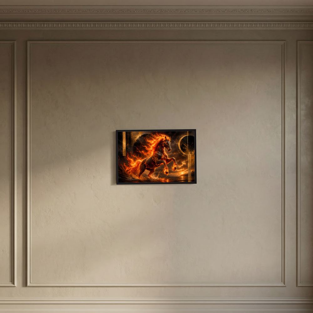 Feuerpferd-Wandposter mit schwarzem Rahmen und Flammenpferd im Feuer-Motiv, Querformat