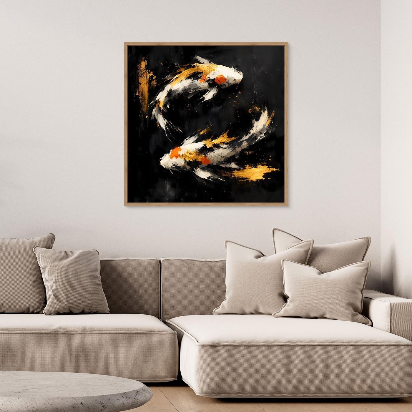 Leinwand Abstrakte Koi-Fische in Gold und Orange | Modernes Yin Yang Wandbild