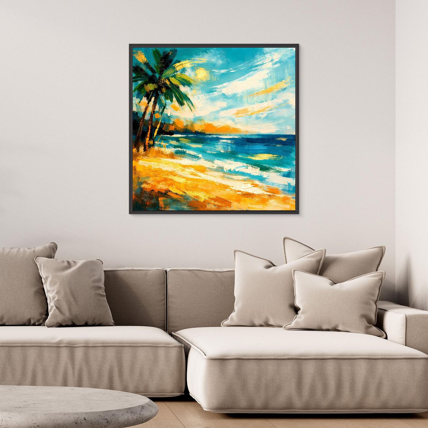 Leinwandbild mit abstrakter Palme am Strand, blau-gelbes Meer, dunkel gerahmt