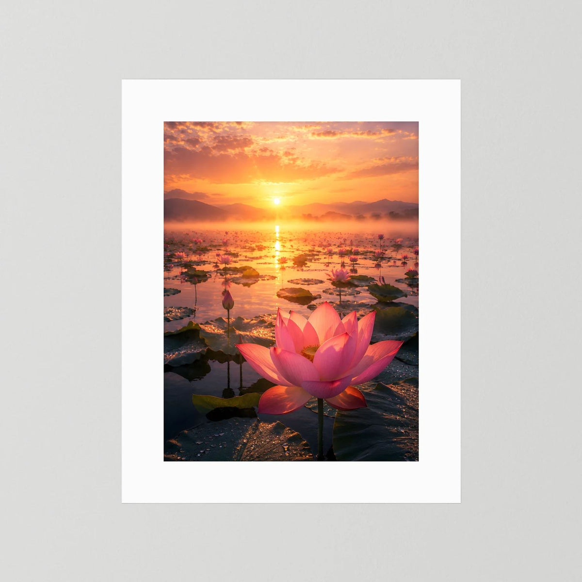 Hochformatiges Poster mit rosa Lotusblüte bei Sonnenuntergang, weiß hinterlegt