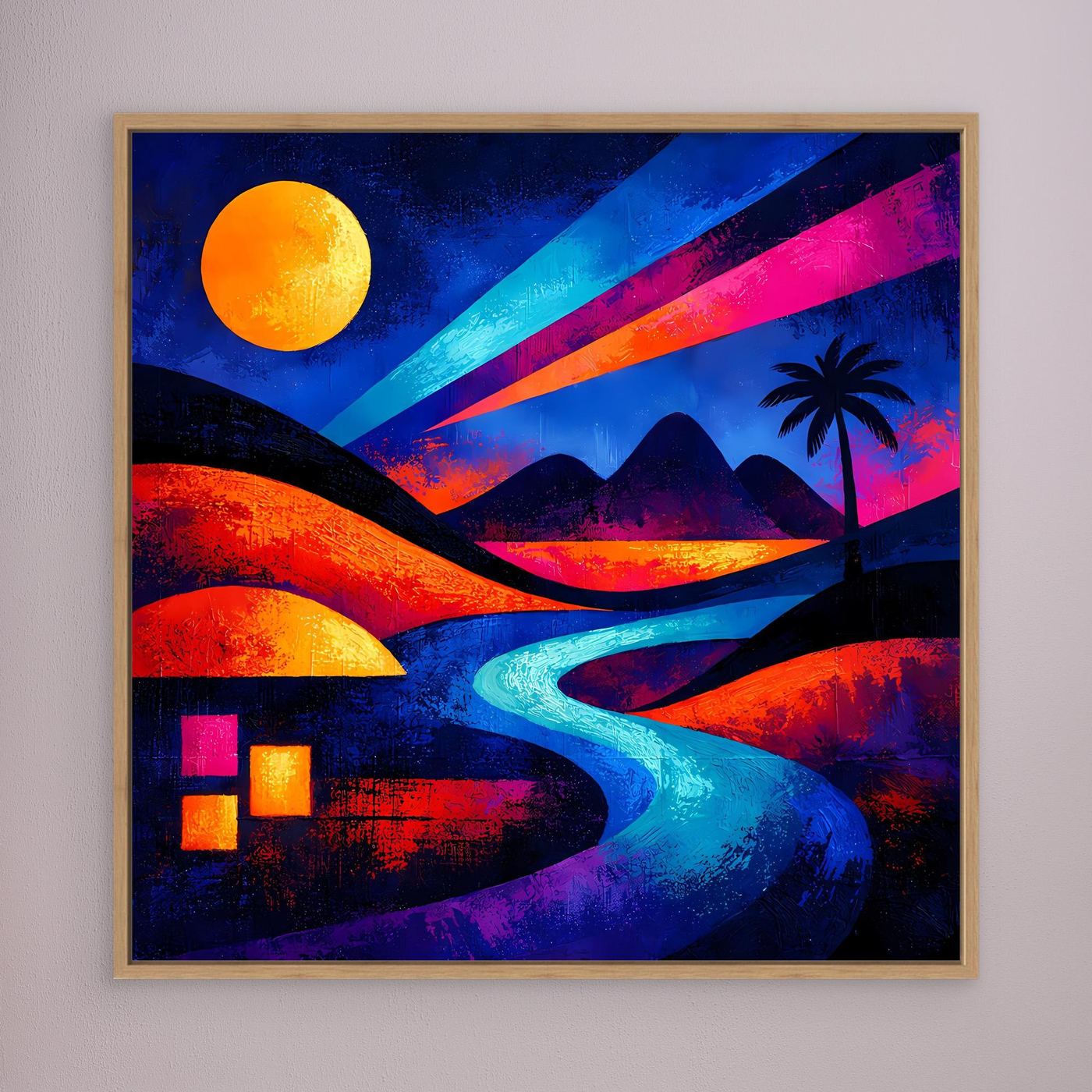 Quadratisches Leinwand-Wandbild mit bunter Wüstenlandschaft, Palme und Fluss bei Nacht, Eichenrahmen.