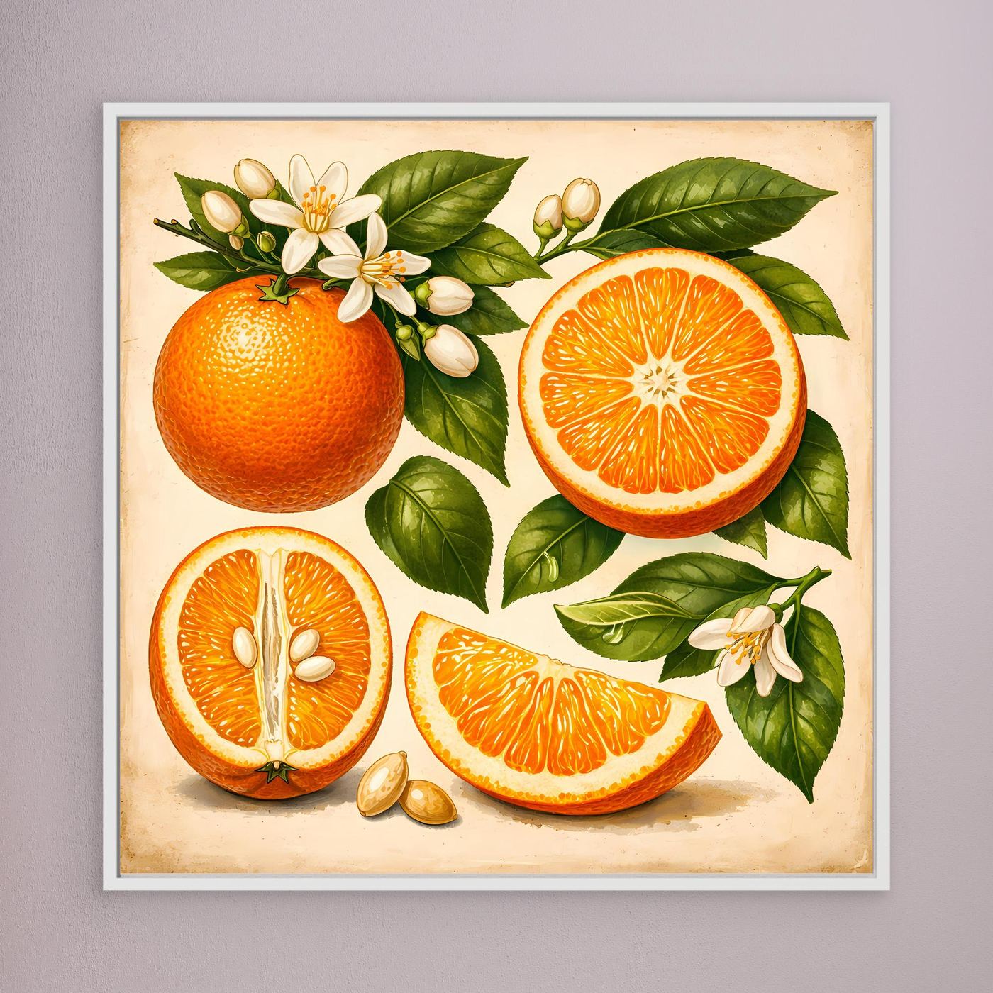 Weiß gerahmtes Leinwandbild: Vintage-Orangen, Zitrusfrüchte, Blätter und Blüten