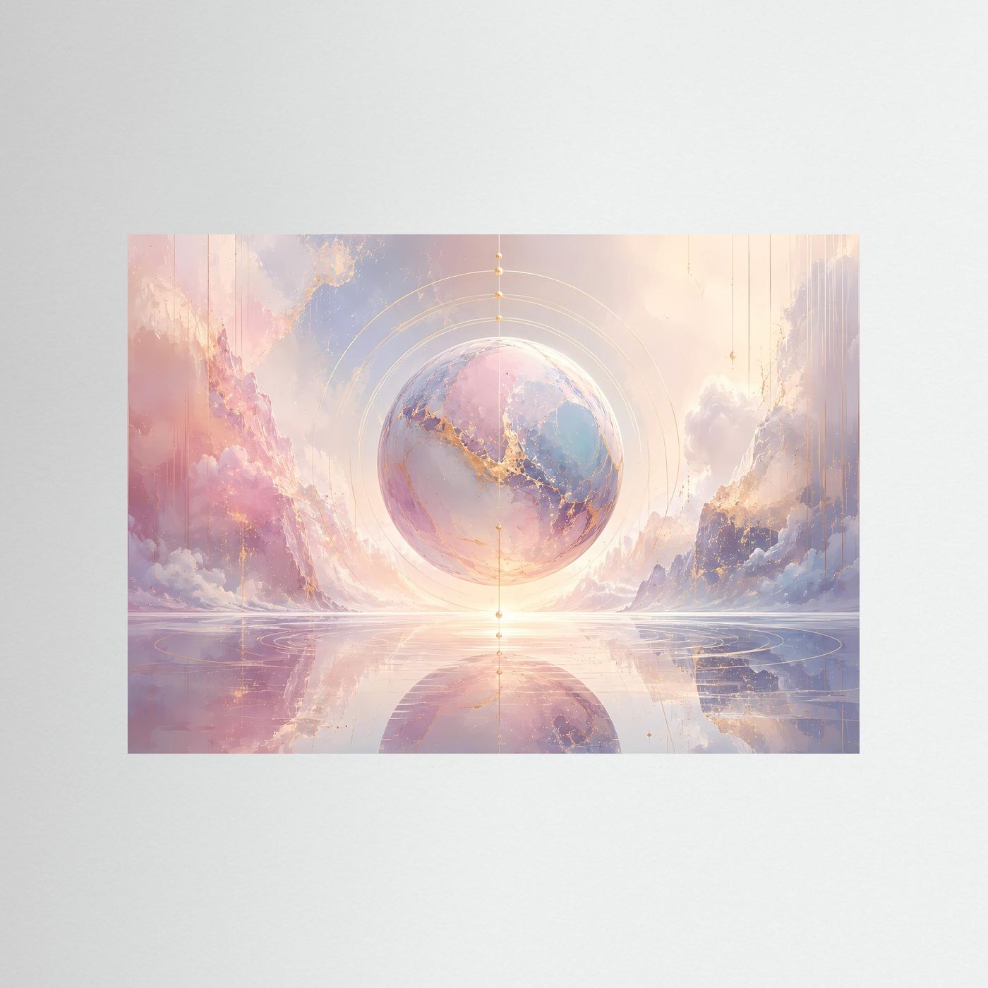 Abstrakte Sphäre Poster | Pastell Kosmos Wandbild mit Goldakzenten | Moderne Surreale Himmelskunst Querformat
