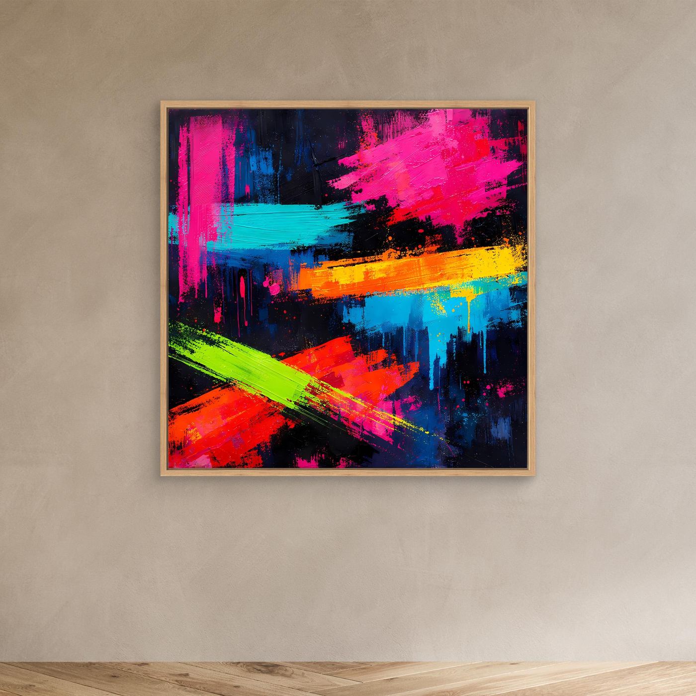 Abstraktes Leinwand-Wandbild mit Neonfarben, Holzrahmen