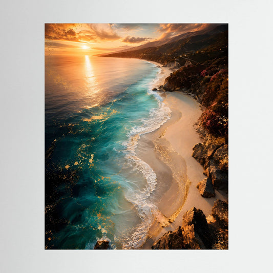 Landschaftsposter im Hochformat mit Küste, türkisfarbenem Meer, Sandstrand und Sonnenuntergang.