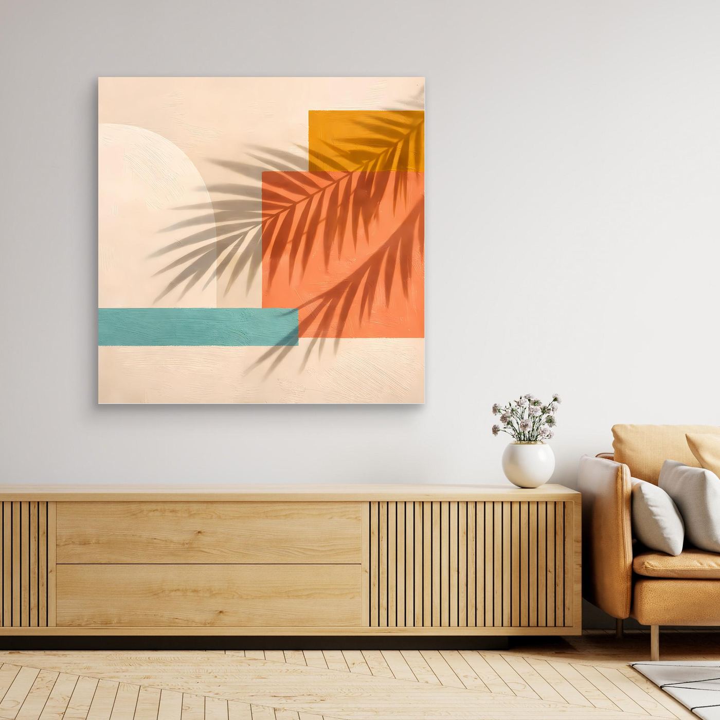 Leinwand Abstrakte Geometrie mit Palmenschatten | Modernes Boho Wandbild Terracotta