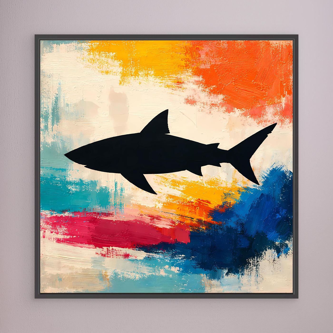 Leinwand Minimalistische Hai-Silhouette im Farbenmeer | Abstraktes Pop-Art Wandbild