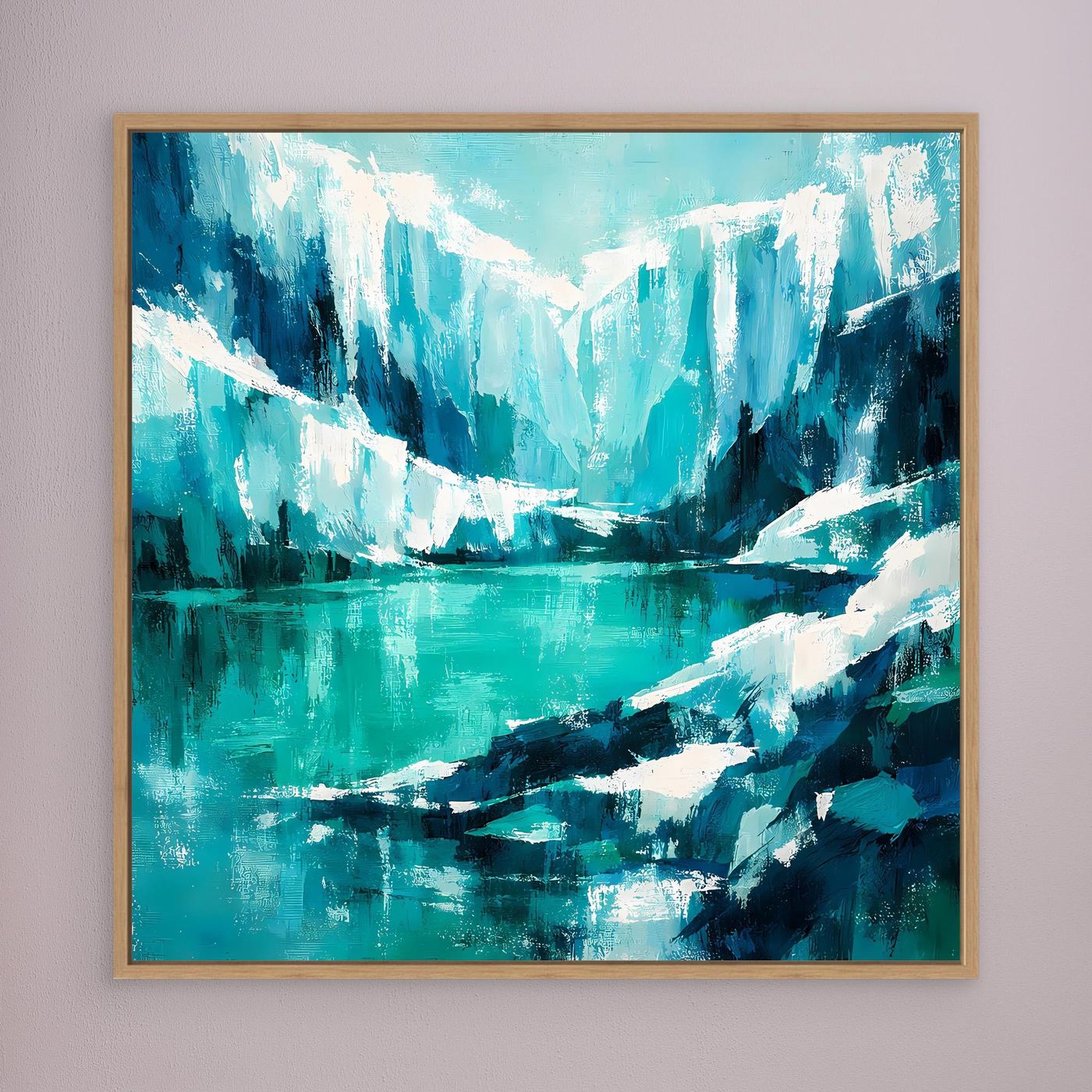 Leinwand-Wandbild mit abstrakten Eisbergen im Ozean, Eichenrahmen