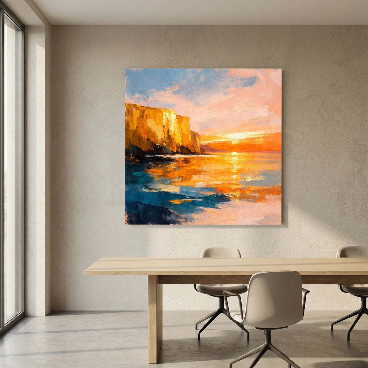 Leinwand-Wandbild mit abstraktem Küstenbild, goldener Sonnenuntergang und blaues Wasser