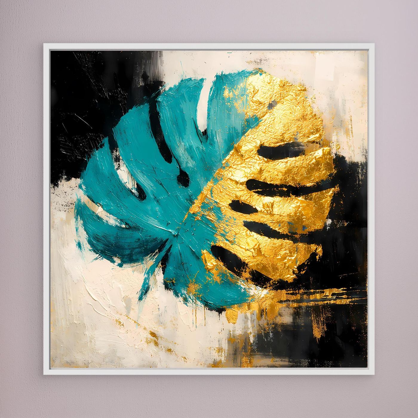 Leinwand Abstraktes Monstera Gemälde in Türkis und Gold | Modernes Botanik Wandbild