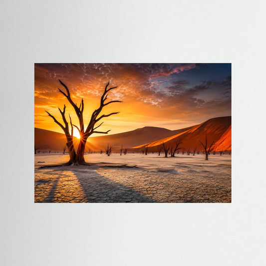 Wüstenposter im Querformat mit knorrigem Baum bei Sonnenaufgang