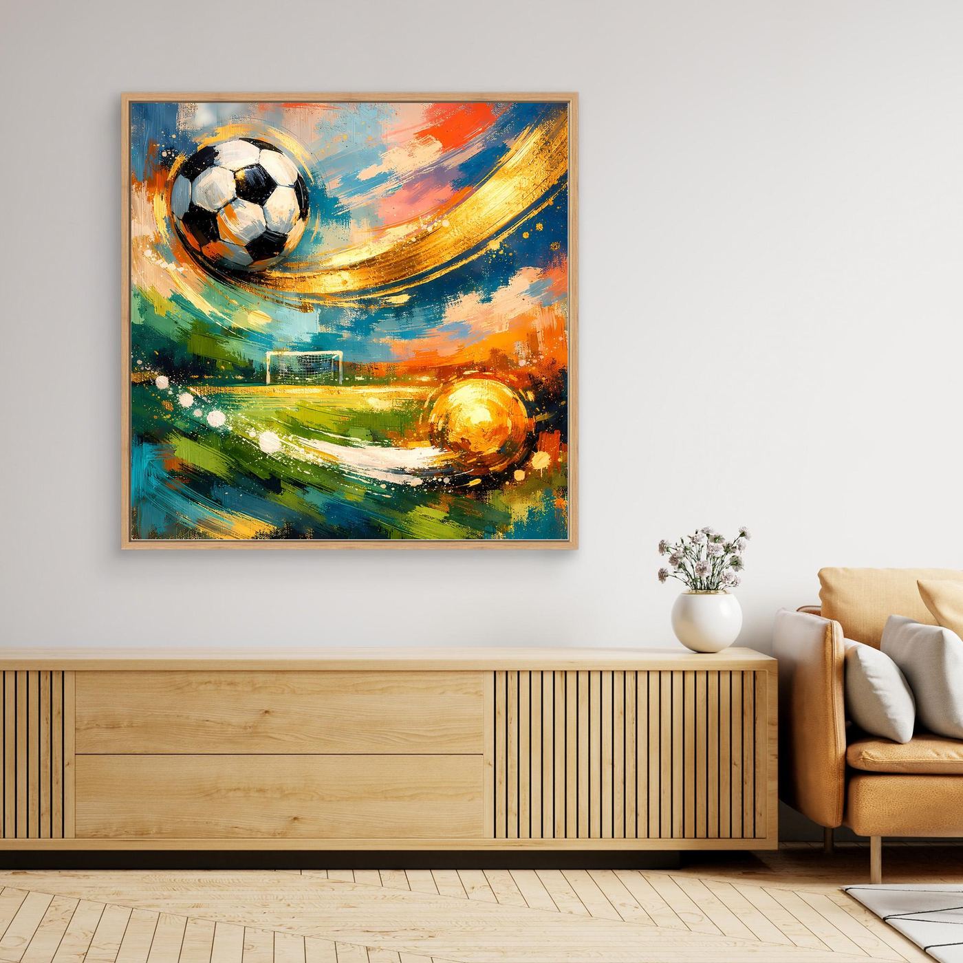 Abstraktes Leinwandbild mit Fußballmotiv, dynamischer Pinselstil, leuchtende Farbkomposition