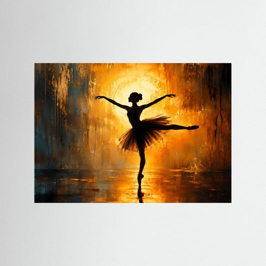 Ballett-Wandbild mit schwarzer Ballerina-Silhouette, gold-oranges Licht und Tutu