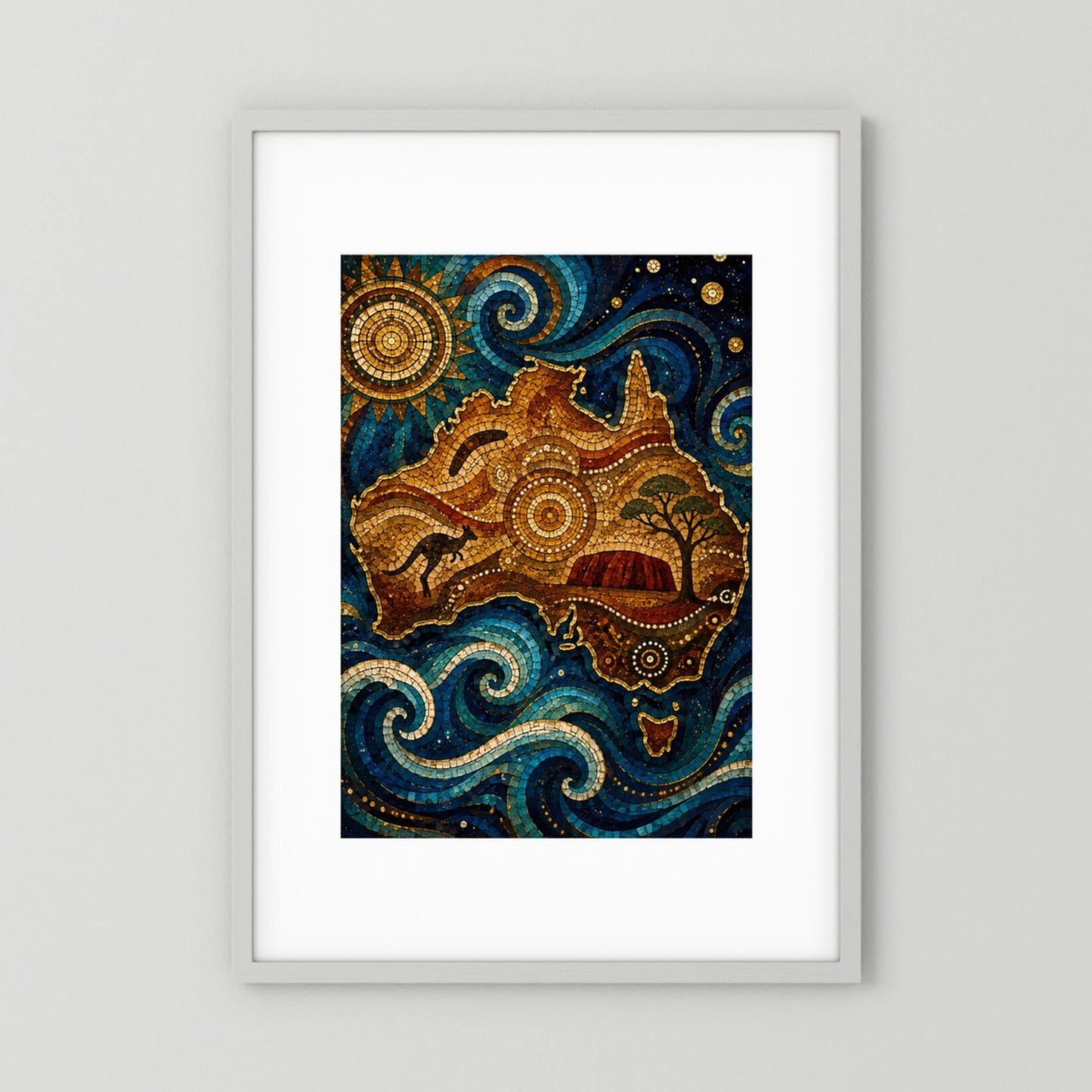 Poster im Hochformat mit Mosaikmotiv: Känguru, Sonne und Wellen in Blau und Gold