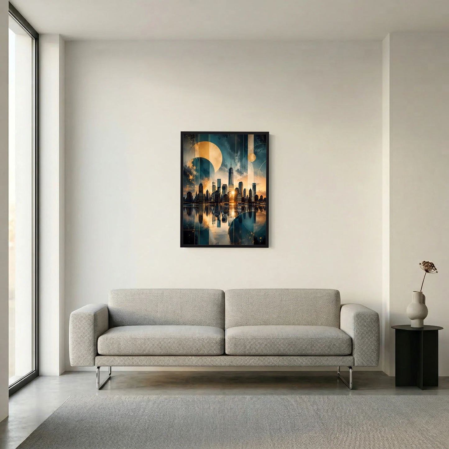 Hochformatiges Skyline-Poster im schwarzen Rahmen, goldene Details in petrolfarbenem Farbverlauf