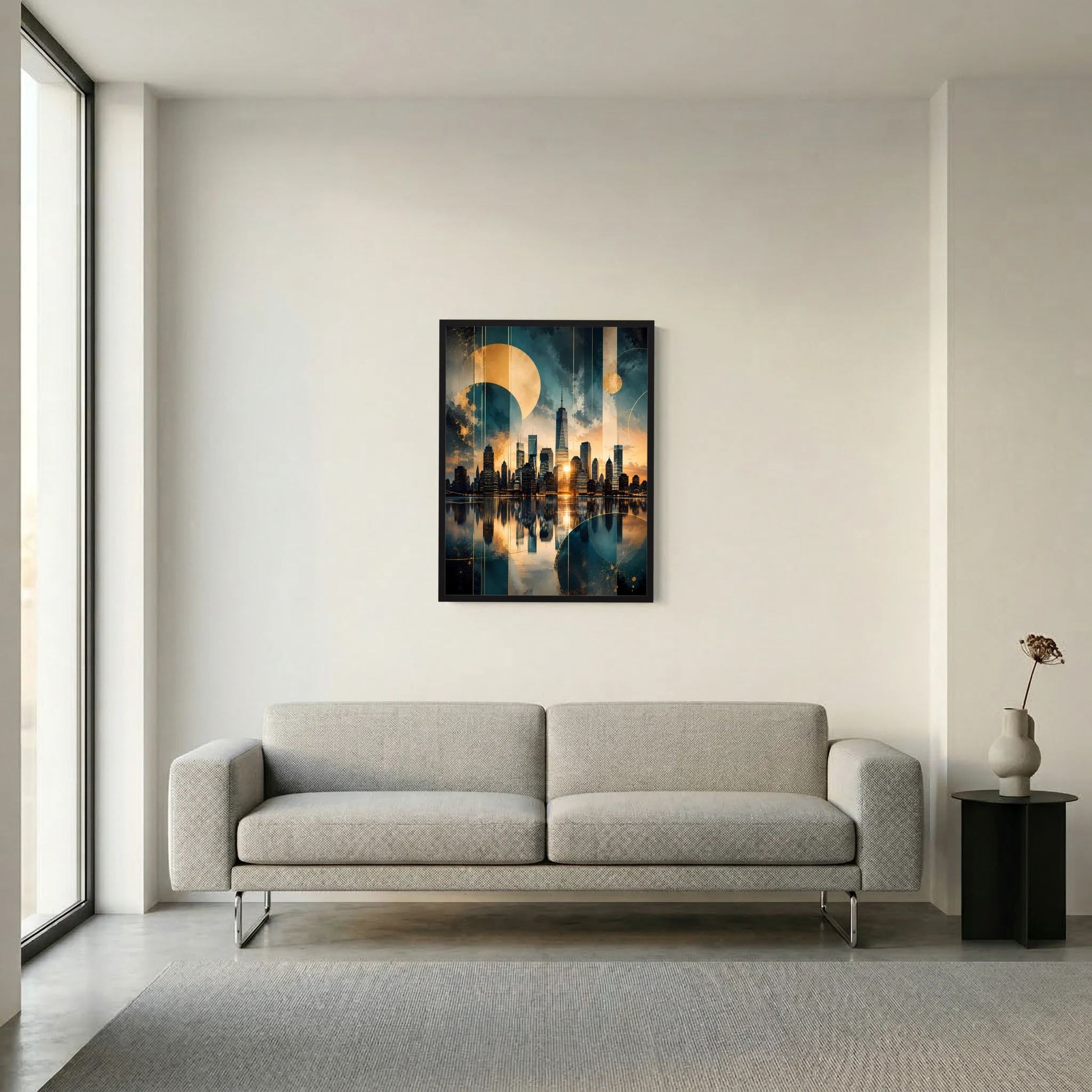 Hochformatiges Skyline-Poster im schwarzen Rahmen, goldene Details in petrolfarbenem Farbverlauf
