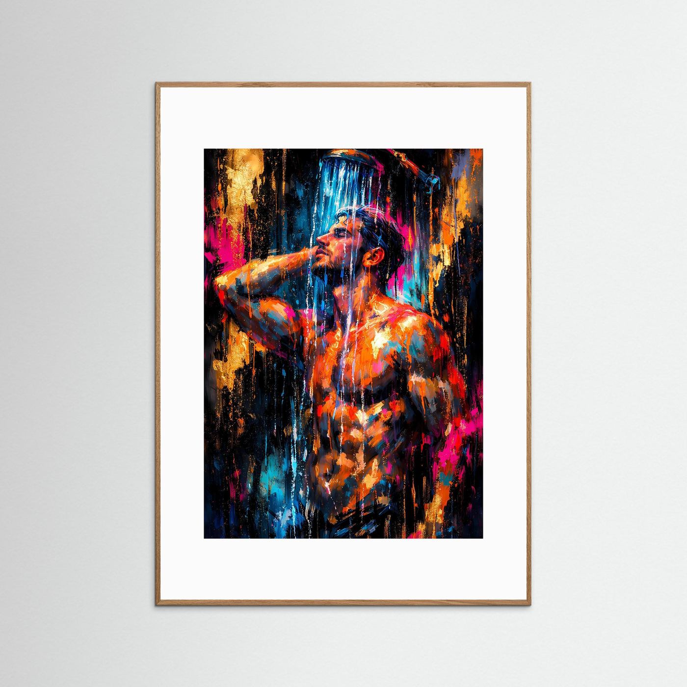Kunstposter im hellbraunen Rahmen mit abstrakter Männerfigur in Blau-, Pink- und Orangetönen