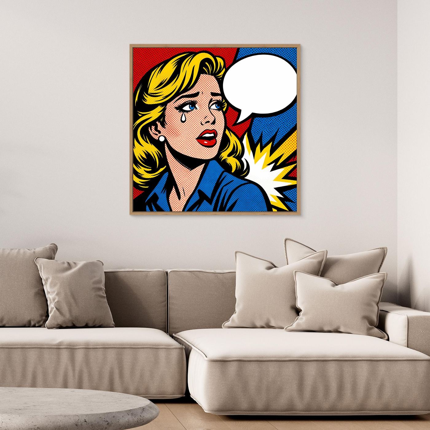 Leinwandbild im Pop-Art-Stil: Frauen-Porträt in Blau mit Sprechblase und gelbem Blitz