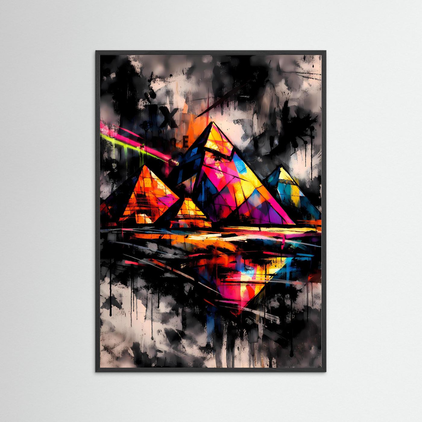 The Neon Pyramids | Luxuriöses Pyramiden Poster in Bunt & Schwarz | Abstraktes Ägypten Kunstposter Hochformat