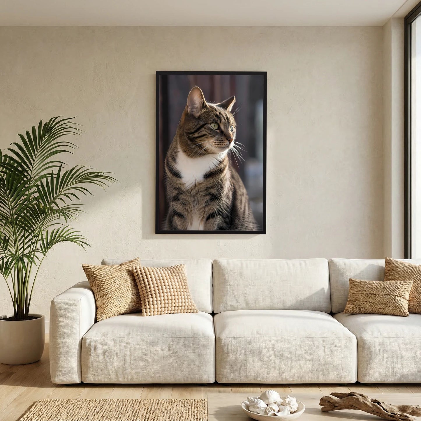 Poster mit getigerter Katze im Hochformat, schwarzer Rahmen