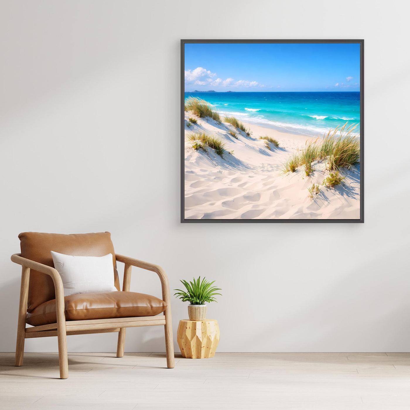 Leinwandbild mit Dünenstrand und türkisblauem Meer, schwarzer Rahmen