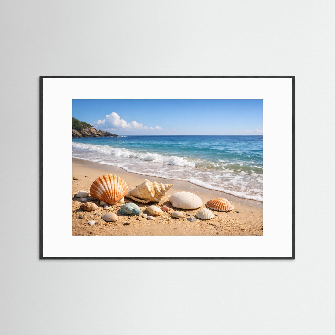 Poster im Querformat: Muscheln am Sandstrand, schwarz gerahmt