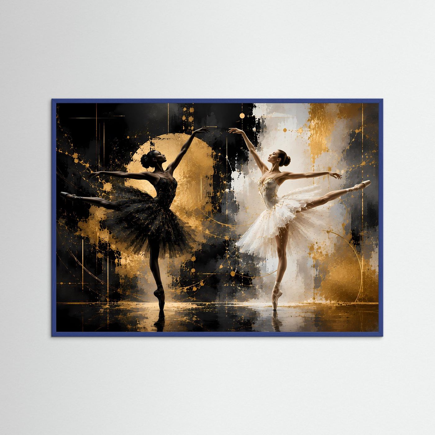 Poster im blauem Rahmen: zwei Balletttänzerinnen in Schwarz und Weiß, goldene Akzente.