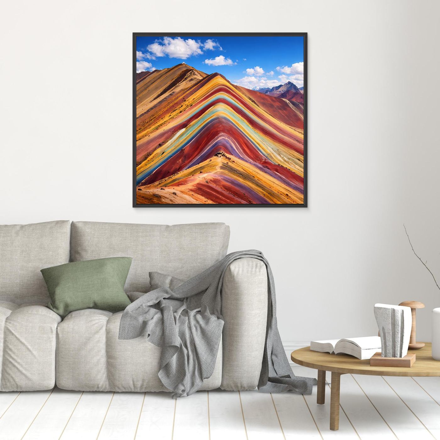 Leinwandbild mit schwarzem Rahmen, Regenbogen-Gebirgslandschaft mit farbigen Schichten
