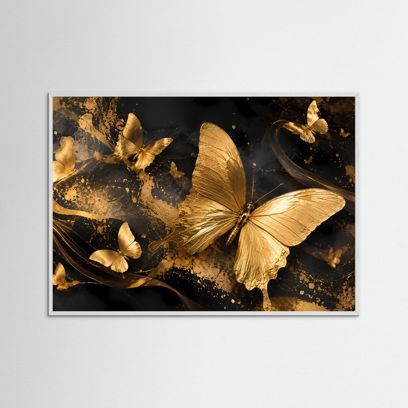 Schmetterlingsposter mit hellem Rahmen, goldene Schmetterlinge auf dunklem Motiv